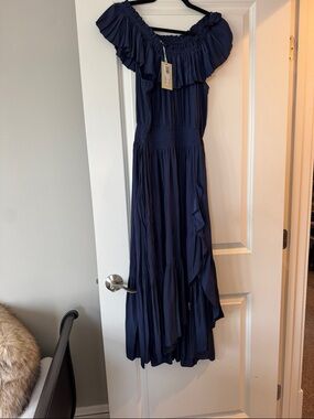 Ramy Brook Navy Off-Shoulder Ruffle Maxi Dress